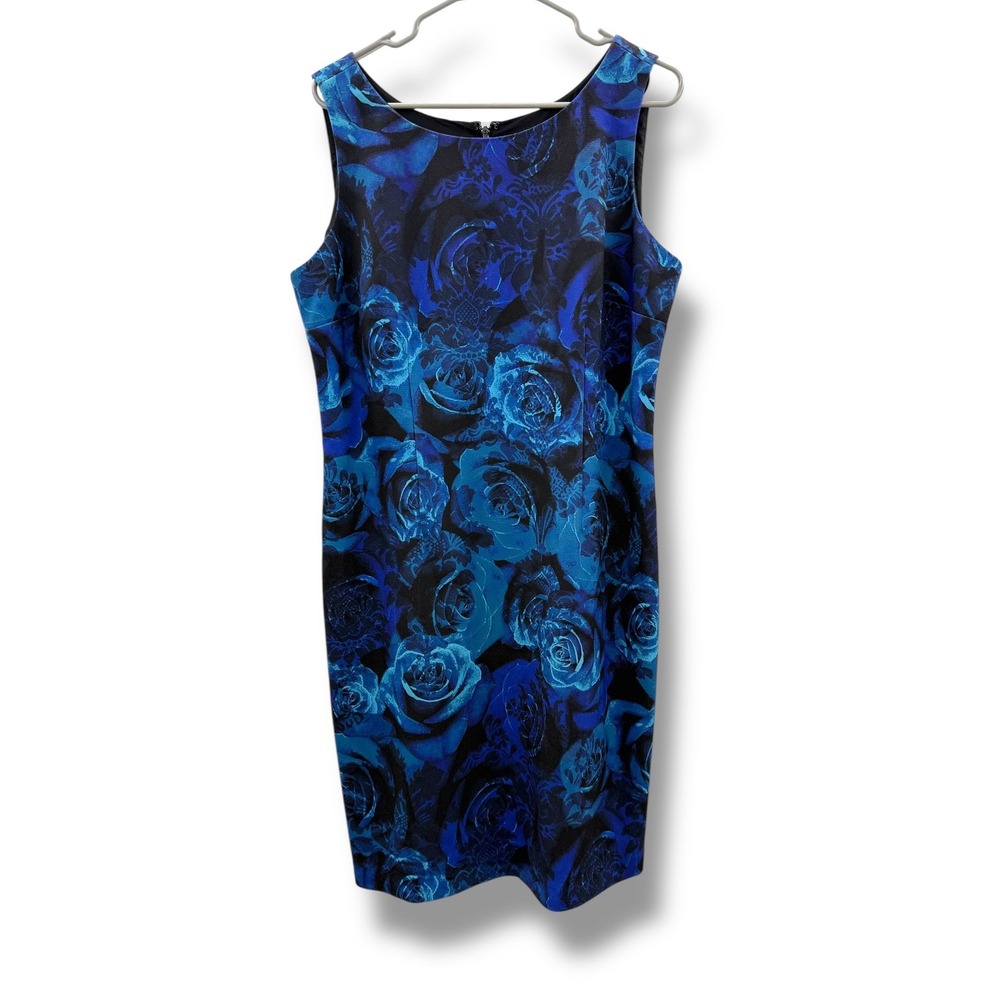 Talbots Sheath Dress Womens Medium Blue Black Floral Rose‎ Sleeveless Stretch